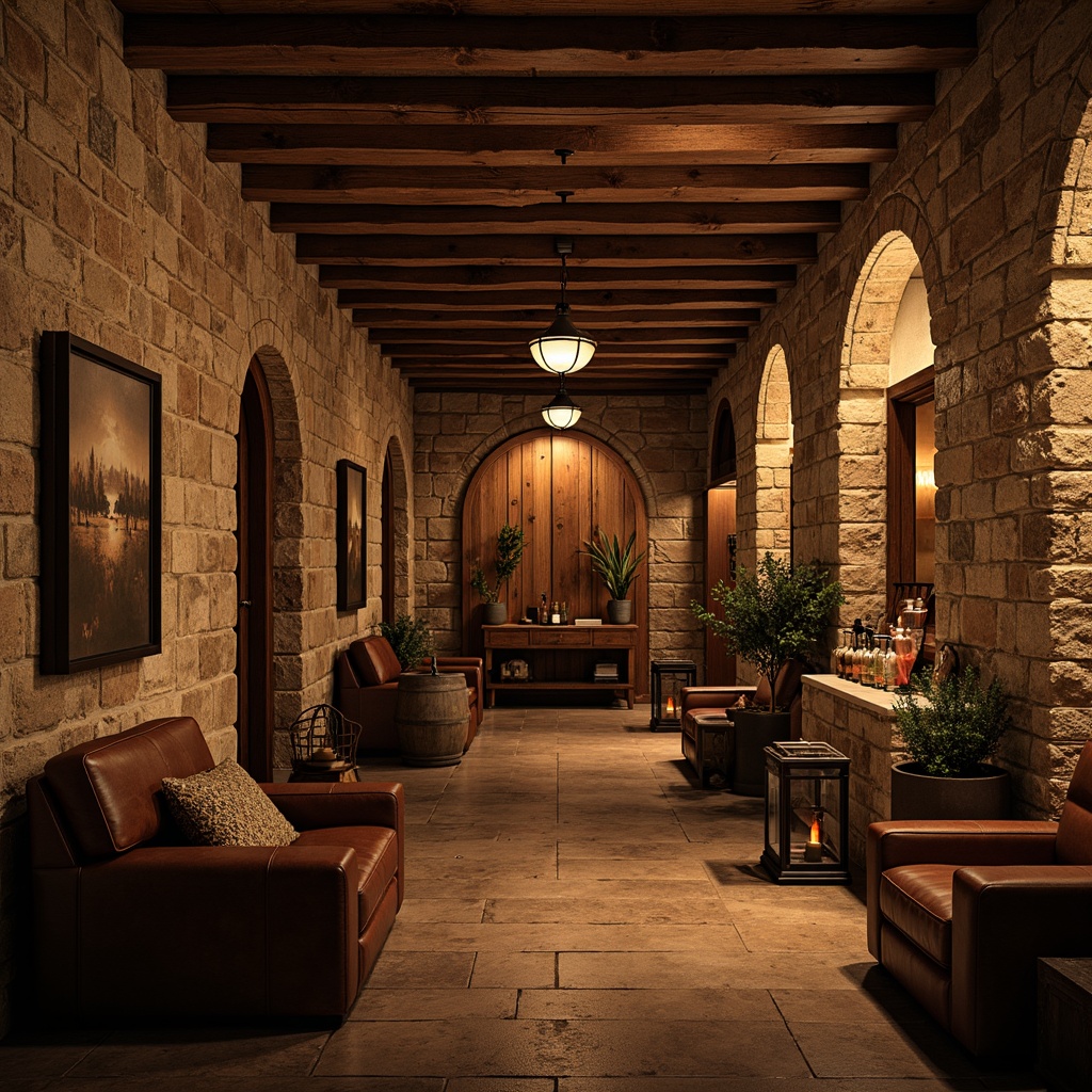 Prompt: Rustic wine cellar, stone walls, wooden crates, dim warm lighting, vintage wine barrels, metal lanterns, earthy tones, natural textures, reclaimed wood accents, distressed finishes, arched doorways, brick arches, aged wooden beams, ornate ironwork, rich leather furnishings, soft candlelight, shallow depth of field, 1/1 composition, moody atmosphere, realistic stone walls, ambient occlusion.