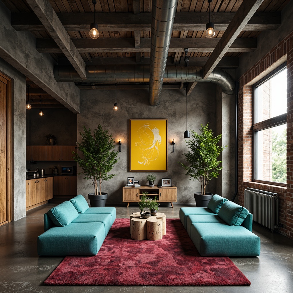 Prompt: Exposed ductwork, industrial chic, concrete floors, steel beams, urban loft atmosphere, reclaimed wood accents, Edison bulb lighting, distressed metal decor, bold color pops, vibrant turquoise furniture, deep crimson rugs, sunny yellow abstract art, matte black fixtures, brutalist architecture, minimalist decor, open-plan living space, natural light pouring in, 1/1 composition, high contrast ratio, dramatic shadows, moody ambiance.