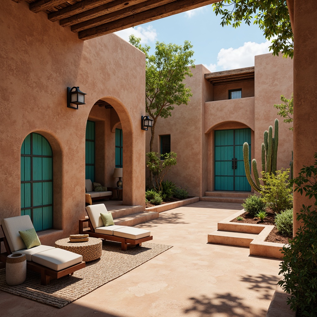 Prompt: Adobe earth tones, rustic wooden accents, natural stone walls, curved archways, ornate metalwork, vibrant turquoise details, woven textiles, patterned rugs, clay roof tiles, stucco exteriors, desert flora, cactus silhouettes, warm sunny day, soft diffused lighting, shallow depth of field, 1/1 composition, intimate focal length, earthy color palette, organic shapes, handcrafted ornaments, intricate wooden carvings.