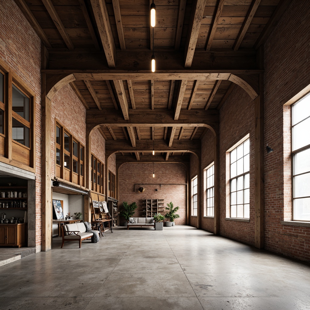 Prompt: Rustic industrial warehouse, exposed brick walls, distressed wooden beams, metal framework, concrete floors, reclaimed wood accents, vintage factory windows, minimalist decor, earthy color palette, warm natural lighting, shallow depth of field, 1/2 composition, realistic textures, ambient occlusion.