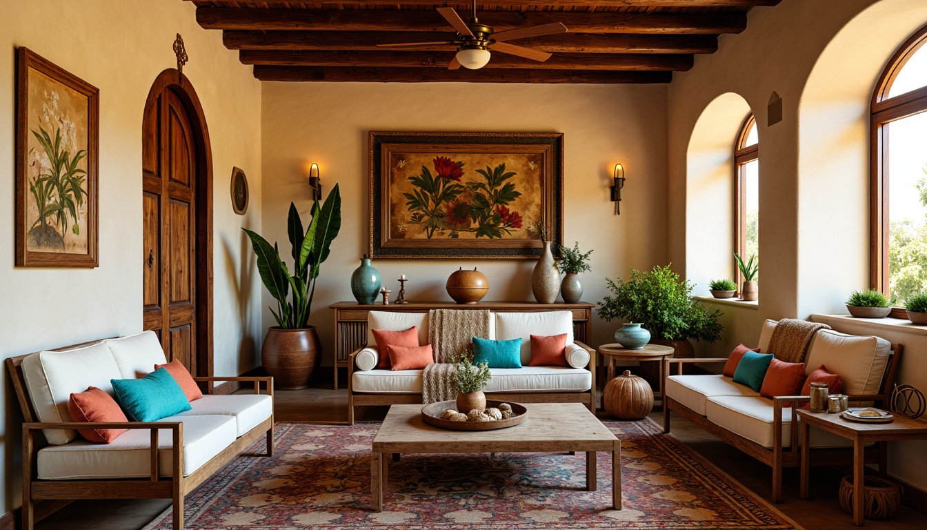 Prompt: Vibrant turquoise accents, earthy terracotta pottery, woven Navajo-inspired blankets, rustic wooden furniture, distressed leather upholstery, natural fiber rugs, geometric patterned textiles, colorful Talavera tiles, ornate metalwork details, hacienda-style archways, vintage Spanish colonial doors, desert botanical prints, warm golden lighting, shallow depth of field, 1/2 composition, realistic textures, ambient occlusion.