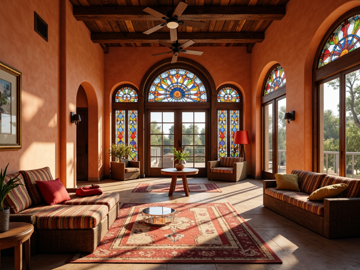 Prompt: Vibrant villa interior, southwestern style decor, stained glass windows, colorful geometric patterns, warm earthy tones, rustic wooden accents, cozy seating areas, plush textiles, tribal-inspired rugs, natural stone flooring, arched doorways, ornate metalwork, soft warm lighting, subtle shadows, 1/1 composition, realistic reflections, ambient occlusion.