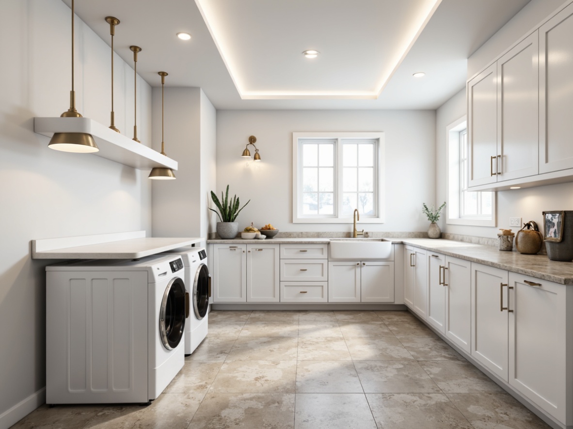 Prompt: Bright white laundry room, modern appliances, sleek cabinets, polished chrome fixtures, minimalist decor, natural stone flooring, soft warm lighting, task-oriented LED strips, under-cabinet lighting, pendant lamps, recessed ceiling lights, ambient glow, clean lines, minimal shadows, 1/1 composition, shallow depth of field, realistic textures, ambient occlusion.