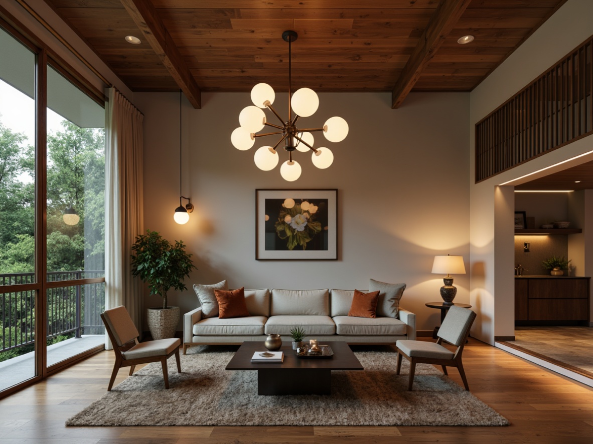 Prompt: Mid-century modern living room, sleek wooden floors, minimalist decor, statement lighting fixtures, sputnik chandeliers, globe pendants, atomic-age inspired lamps, industrial-chic metal shades, opal glass diffusers, warm ambient glow, softbox lighting, 3/4 composition, shallow depth of field, natural textures, earthy tones, organic shapes, geometric patterns.