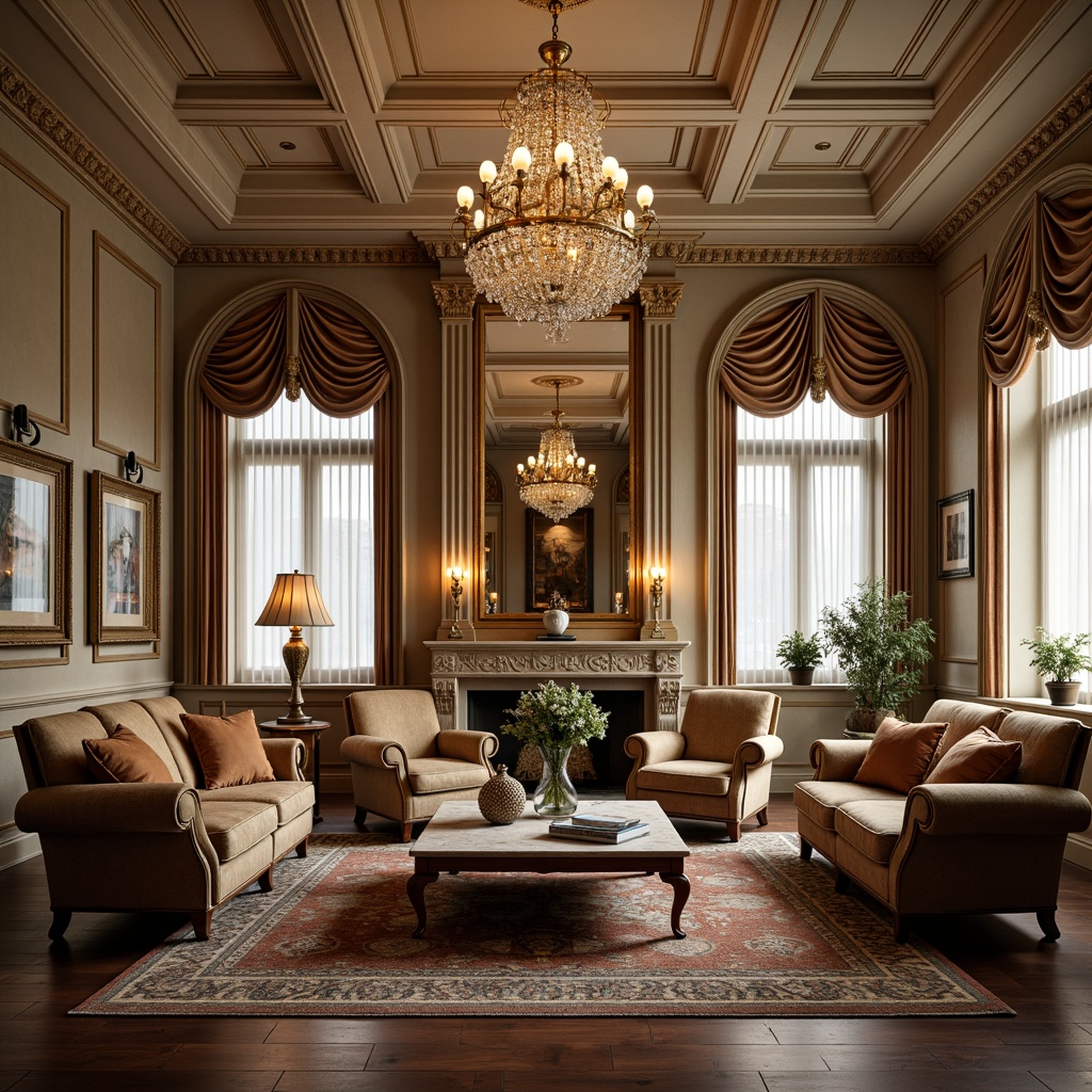 Prompt: Elegant neoclassical interior, ornate furniture pieces, intricately carved wooden frames, upholstered sofas with rolled arms, velvet fabrics, crystal chandeliers, marble coffee tables, gilded mirrors, richly patterned rugs, subtle color palette, soft golden lighting, 1/1 composition, symmetrical arrangement, classical architectural details, ornamental moldings, Corinthian columns, sophisticated ambiance, luxurious atmosphere, refined decorations.