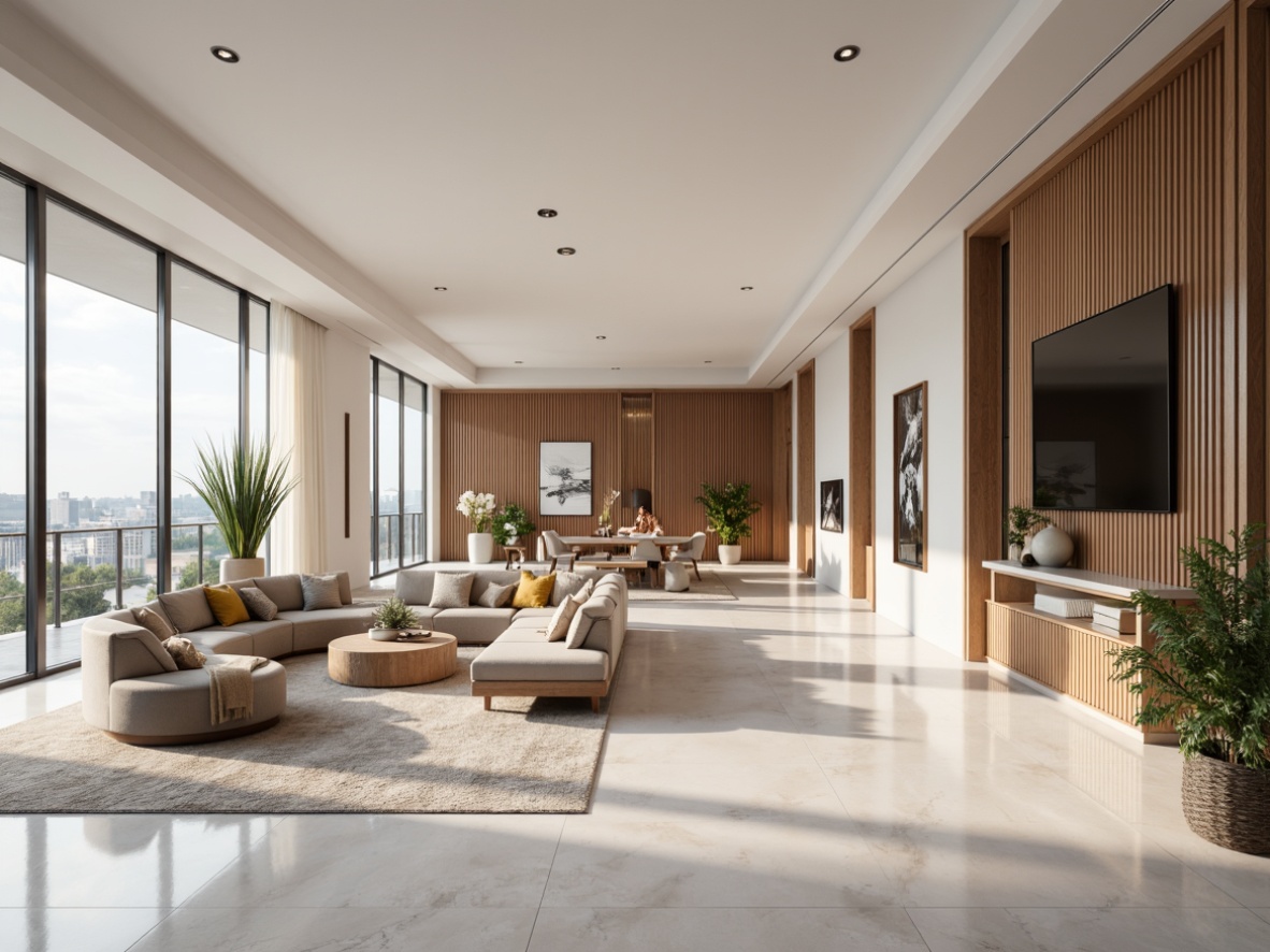 Prompt: Spacious open layout, high ceilings, minimalist decor, neutral color palette, polished marble floors, sleek wooden accents, modern transitional style furniture, curved lines, luxurious textiles, plush area rugs, floor-to-ceiling windows, abundance of natural light, warm ambiance, soft diffused lighting, 1/1 composition, shallow depth of field, realistic reflections, ambient occlusion.