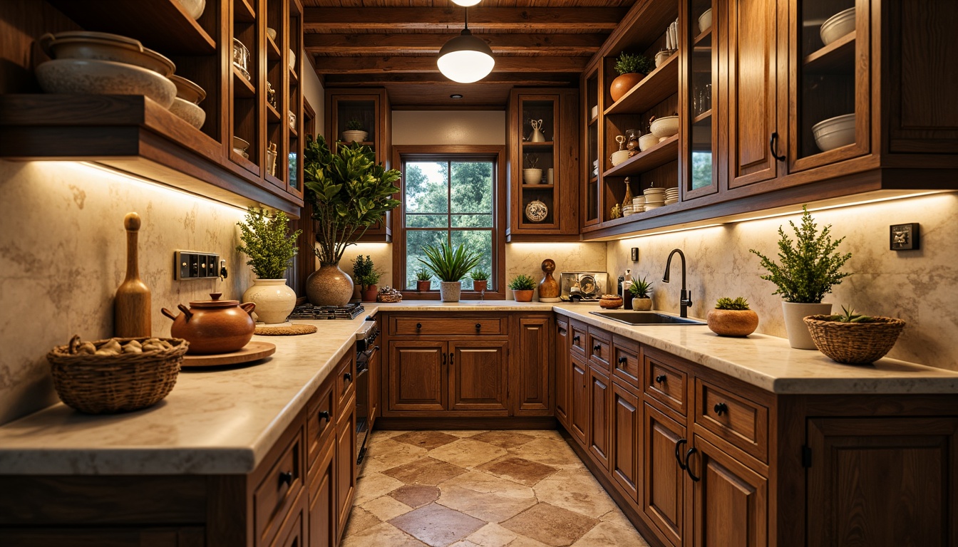 Prompt: Warm Mediterranean pantry, rustic wooden cabinets, distressed finishes, ornate metal hardware, creamy stone countertops, glazed ceramic tiles, earthy terracotta pots, woven wicker baskets, fragrant herbs, vintage copper accents, soft warm lighting, shallow depth of field, 1/2 composition, realistic textures, ambient occlusion.