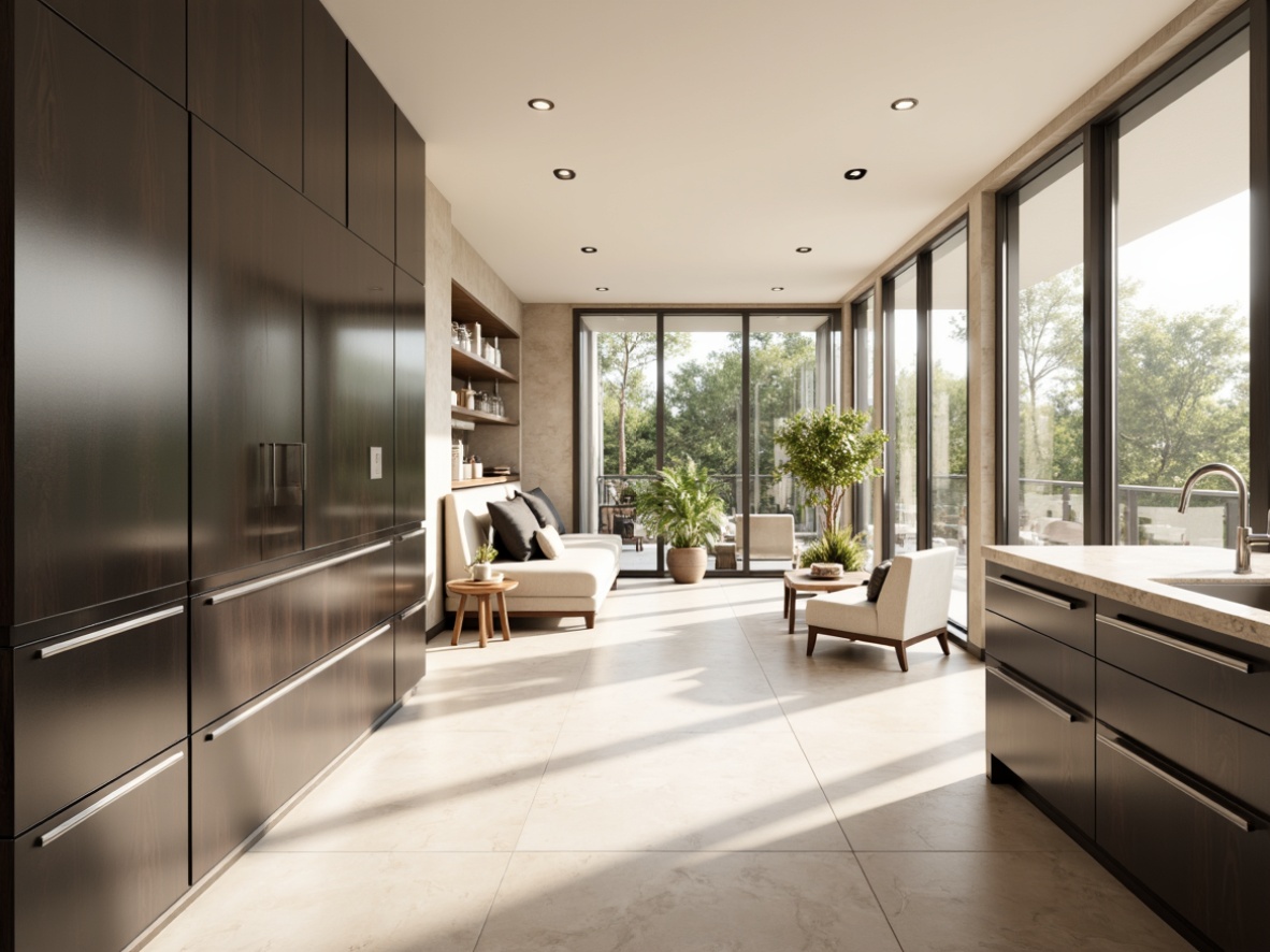 Prompt: Luxurious laundry room, sleek cabinets, high-gloss finishes, chrome hardware, soft-close drawers, marble countertops, modern minimalist design, ample storage space, floor-to-ceiling windows, natural light pouring in, warm beige tones, subtle textures, realistic reflections, shallow depth of field, 1/1 composition, panoramic view, ambient occlusion.