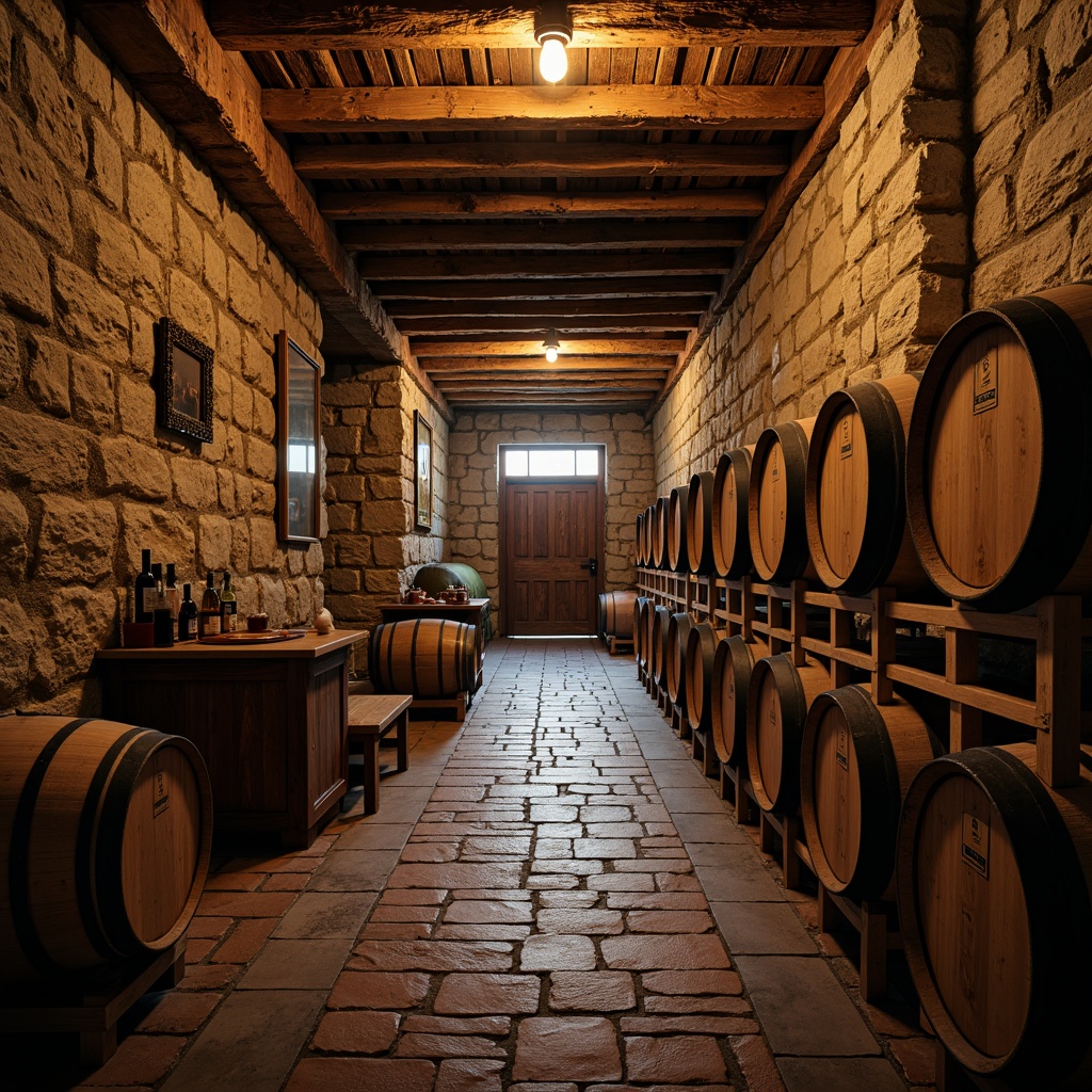 Prompt: Rustic wine cellar, reclaimed wood flooring, distressed wooden planks, earthy tones, natural stone walls, vintage wine barrels, dim warm lighting, rich textures, worn brick pathways, aged stone pavers, wooden wine crates, metal accents, industrial chic decor, soft focus, 1/2 composition, atmospheric perspective, detailed shadows.