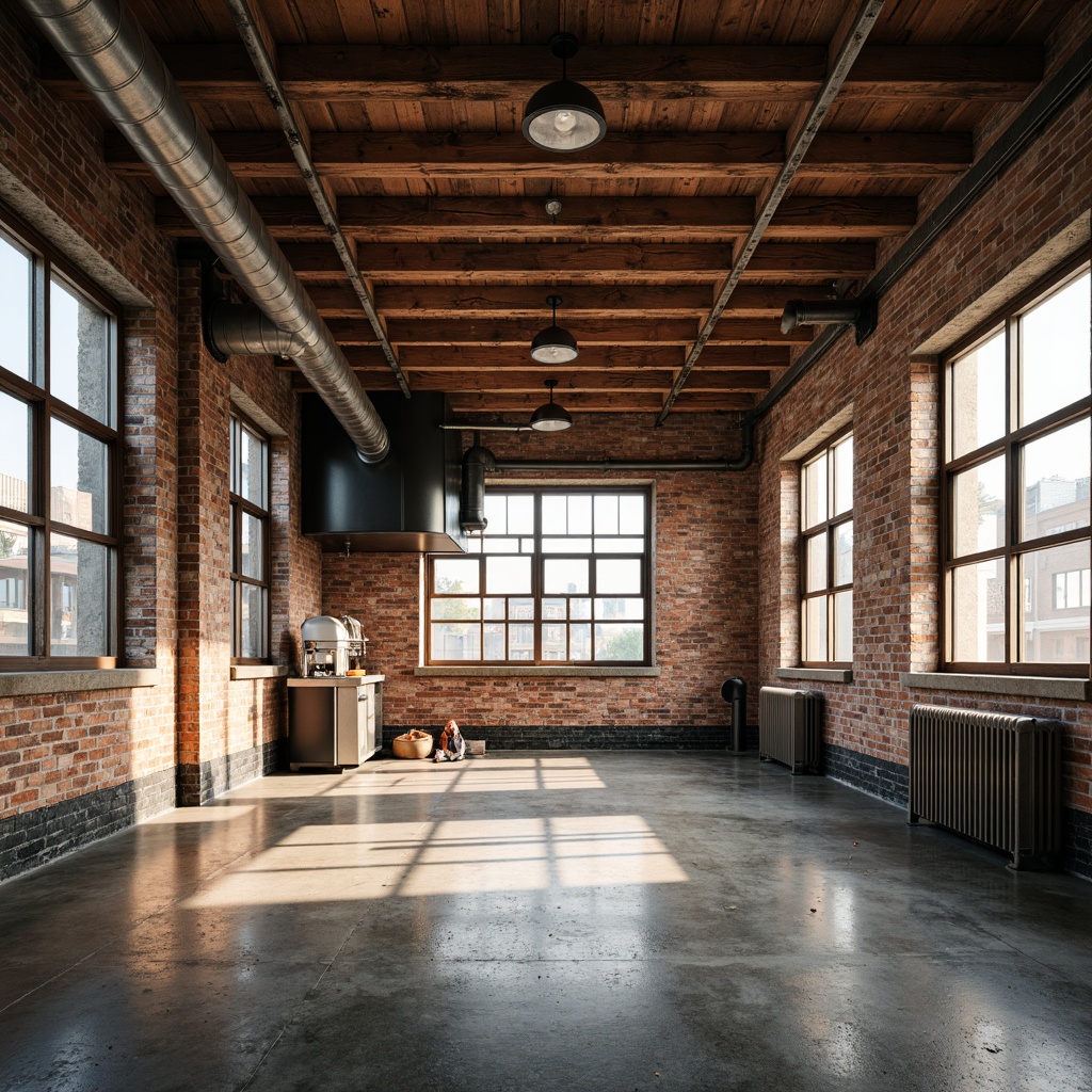 Prompt: Rustic wooden beams, distressed brick walls, exposed ductwork, industrial metal pipes, polished concrete floors, reclaimed wood accents, vintage factory windows, urban loft atmosphere, natural light pouring in, warm soft focus, shallow depth of field, 2/3 composition, realistic textures, ambient occlusion.