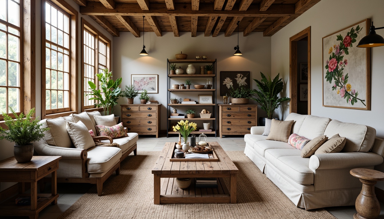 Prompt: Rustic farmhouse, vintage decor, eclectic mix, distressed wood furniture, plush upholstery, natural fabrics, earthy color palette, woven baskets, metal accents, industrial lighting, reclaimed wooden shelves, antique pieces, floral patterns, soft pastel hues, warm candlelight, cozy throw blankets, oversized armchairs, woven rugs, natural textiles, organic shapes, botanical prints.