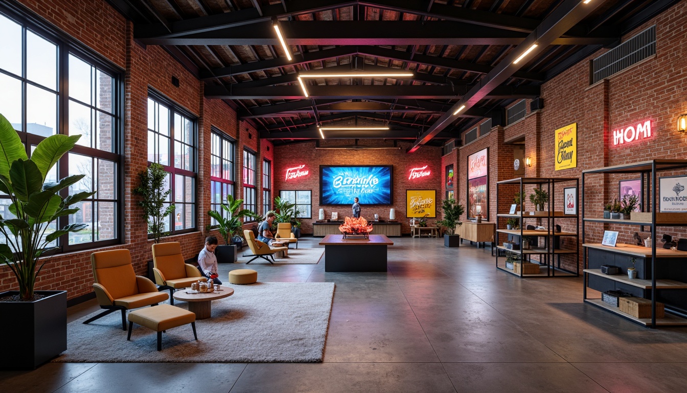 Prompt: Vibrant industrial warehouse, exposed brick walls, metal beams, polished concrete floors, neon signs, bright color accents, pop art murals, geometric patterns, modern minimalist furniture, steel shelving units, reclaimed wood decor, Edison bulb lighting, urban loft atmosphere, open space layout, 1/1 composition, high contrast lighting, sharp shadows, realistic textures.