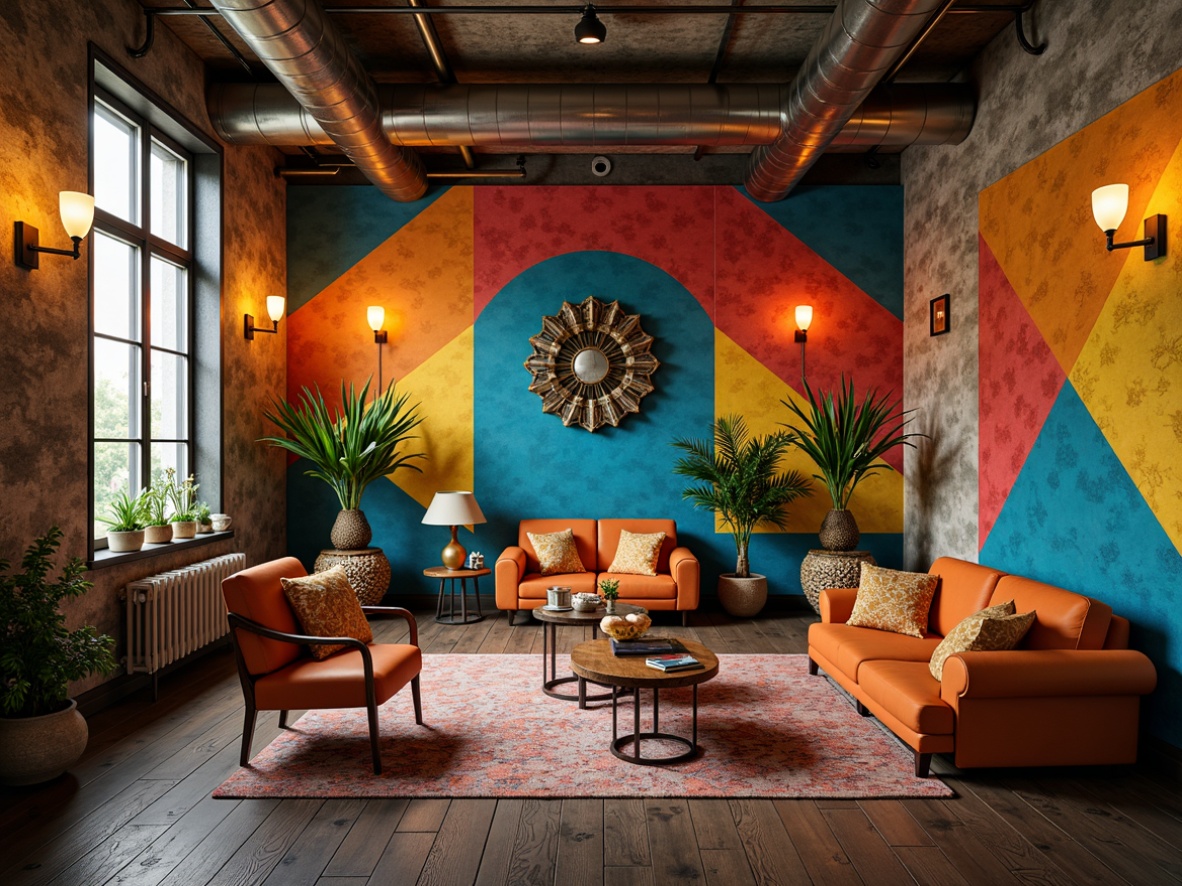 Prompt: Richly textured walls, bold geometric patterns, vibrant color accents, eclectic furniture pieces, playful lighting fixtures, irregular shapes, exposed ductwork, industrial chic decor, distressed wood flooring, retro-inspired accessories, ornate mirrors, lush greenery, warm ambient lighting, shallow depth of field, 1/1 composition, realistic textures, ambient occlusion.