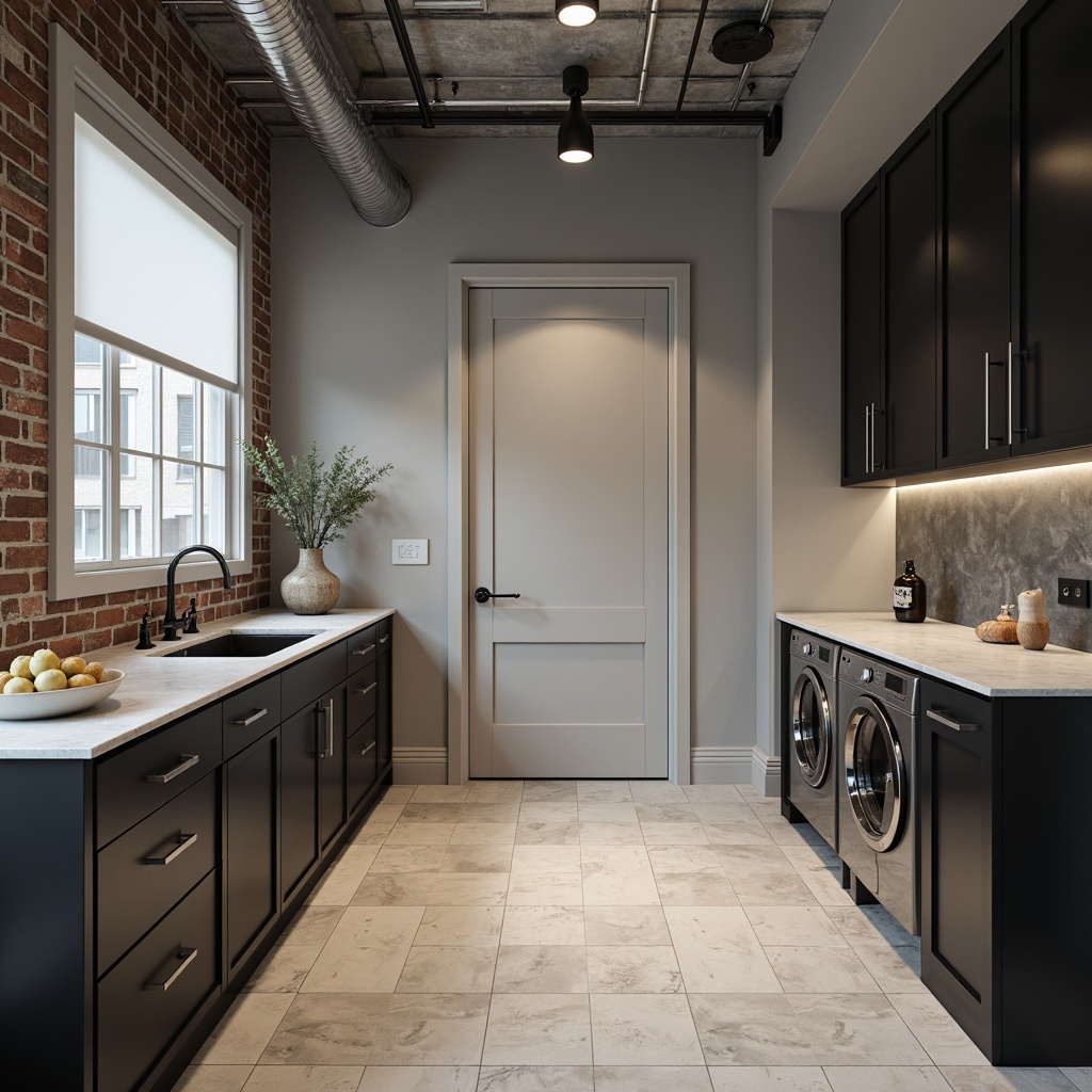 Prompt: Modern laundry room, sleek cabinetry, high-gloss finishes, soft-close drawers, chrome hardware, marble countertops, minimalist aesthetic, natural stone flooring, LED lighting, industrial-chic decor, exposed ductwork, urban loft atmosphere, neutral color palette, 3/4 composition, shallow depth of field, realistic textures, ambient occlusion.