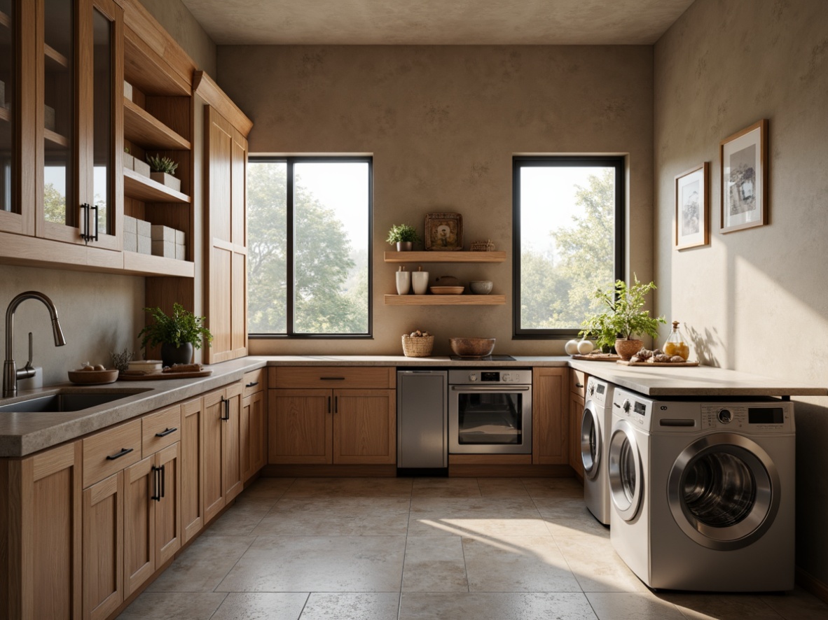 Prompt: Laundry room interior, durable countertops, stain-resistant surfaces, modern cabinetry, stainless steel appliances, sleek sink basins, water-efficient faucets, ample storage space, natural stone flooring, soft warm lighting, shallow depth of field, 3/4 composition, realistic textures, ambient occlusion.