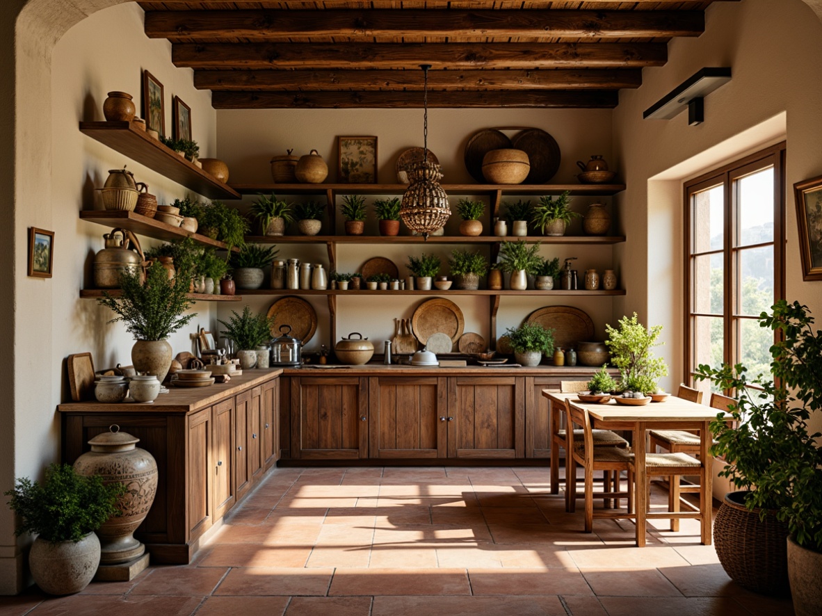 Prompt: Warm Mediterranean pantry, rustic wooden shelves, earthy terracotta tiles, aromatic herb planters, vintage metal lanterns, woven wicker baskets, distressed wooden beams, soft warm lighting, shallow depth of field, 3/4 composition, cozy intimate atmosphere, abundant natural textures, authentic Old World charm, ornate ceramic vases, fragrant lemons, bunches of fresh rosemary, olive oil dispensers, artisanal cheese boards, hand-painted majolica ceramics.