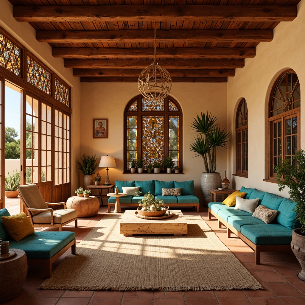 Prompt: Vibrant villa interior, southwestern decor, warm terracotta flooring, rustic wooden beams, earthy color palette, turquoise accents, stained glass windows, intricate geometric patterns, warm golden lighting, cozy seating areas, plush furnishings, woven textiles, natural fiber rugs, adobe-inspired architecture, arched doorways, ornate metalwork, distressed wood finishes, desert botanicals, cacti plants, sunny afternoon, soft diffused light, 1/1 composition, realistic reflections.