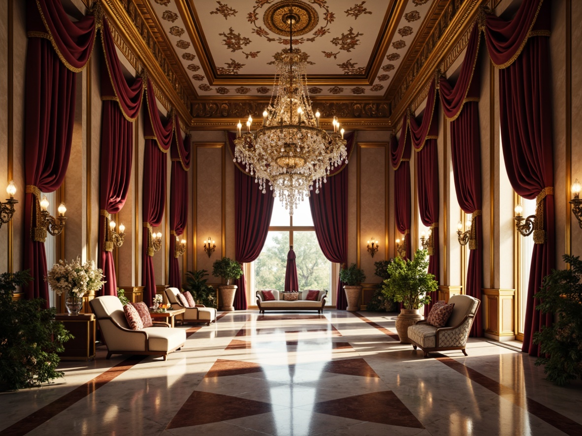 Prompt: Opulent Baroque palace, grandiose chandeliers, intricately carved wooden furnishings, lavish velvet drapes, ornate golden accents, sparkling crystal vases, majestic marble columns, exquisite glass accents, delicate filigree patterns, soft warm lighting, dramatic shadows, 1/1 composition, symmetrical layout, realistic reflections, ambient occlusion.