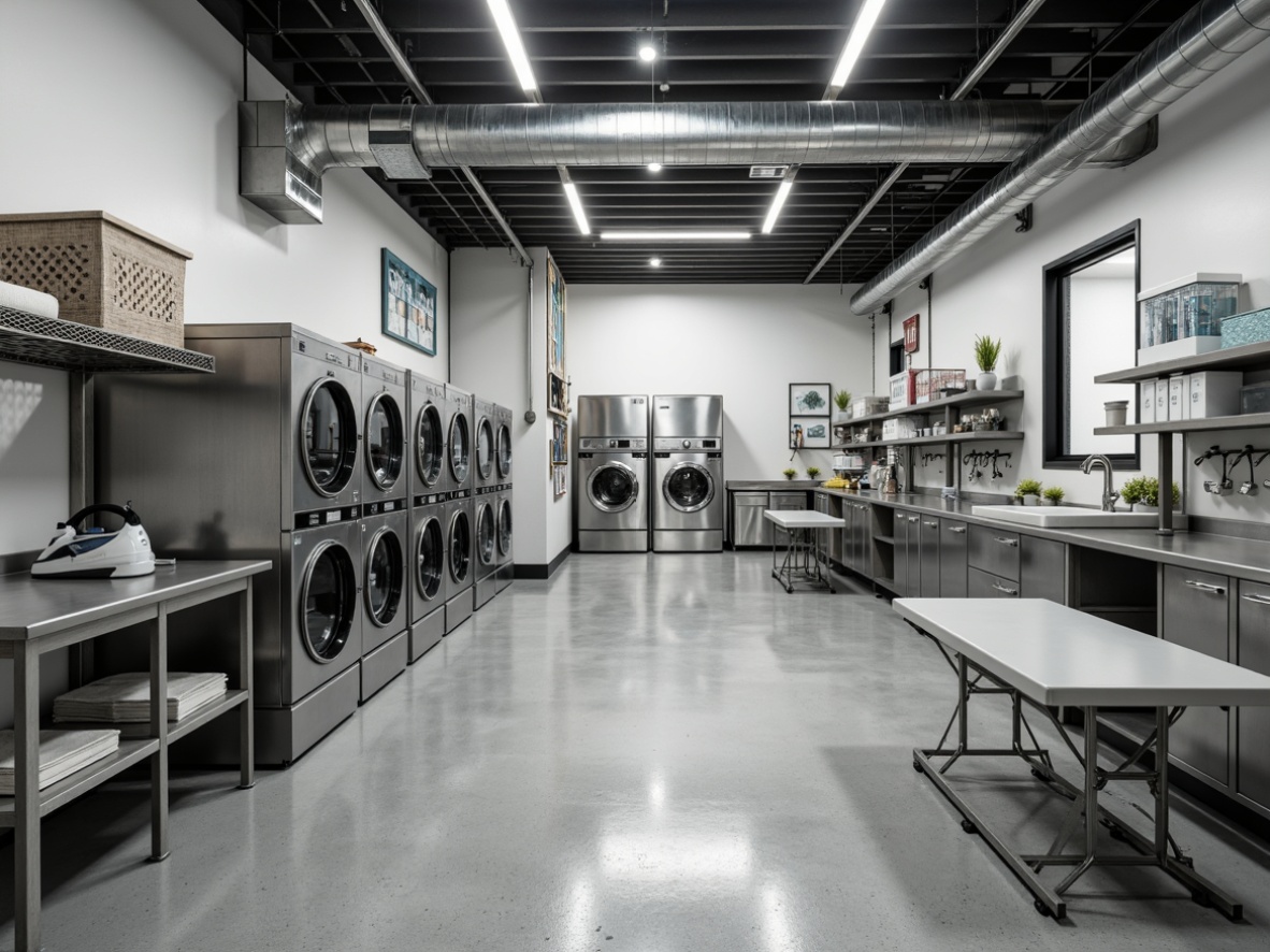 Prompt: Industrial laundry room, durable countertops, stainless steel surfaces, modern appliances, washing machines, dryers, ironing boards, folding tables, storage cabinets, sleek metal shelving, bright overhead lighting, epoxy resin flooring, utility sinks, water-resistant materials, easy-to-clean design, functional layout, ample space for sorting, built-in soap dispensers, foldable drying racks, hanging rods, softbox lighting, shallow depth of field, 1/1 composition.