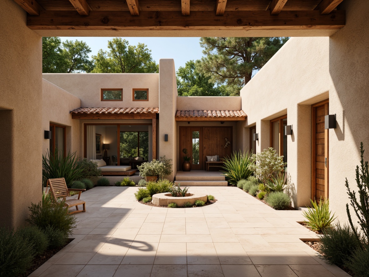 Prompt: Southwestern villa, adobe-style architecture, earthy tones, stucco walls, wooden beams, clay roof tiles, spacious interior courtyard, lush greenery, vibrant cacti, floor-to-ceiling windows, sliding glass doors, clerestory windows, skylights, natural stone flooring, rustic wood accents, warm beige color palette, soft diffused lighting, ambient shadows, shallow depth of field, 3/4 composition, panoramic view, realistic textures, ambient occlusion.