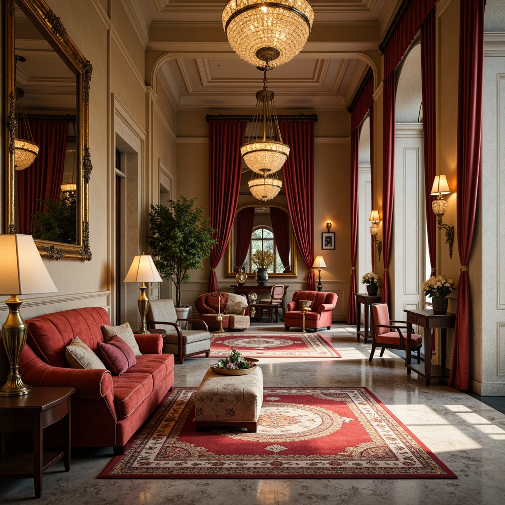 Prompt: Elegant neoclassical interior, rich velvet drapes, ornate golden frames, luxurious silk upholstery, intricately patterned rugs, marble floors, grand crystal chandeliers, imposing stone columns, subtle lighting accents, warm beige walls, refined wood furniture, carved decorative details, opulent tassels, lavish furnishings, stately proportions, harmonious color palette, 1/1 composition, dramatic shadows, high-contrast lighting, ornate metallic fixtures.