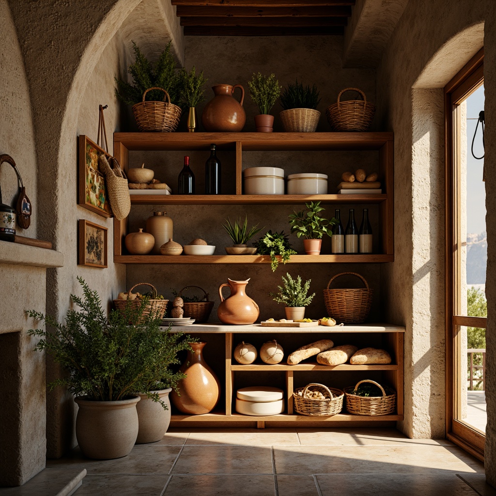 Prompt: Cozy Mediterranean pantry, warm earthy tones, rustic wooden shelves, woven baskets, ceramic jugs, aromatic herbs, fragrant spices, olives, artisanal cheeses, crusty breads, vintage copper utensils, distressed stone walls, soft warm lighting, shallow depth of field, 1/1 composition, realistic textures, ambient occlusion.