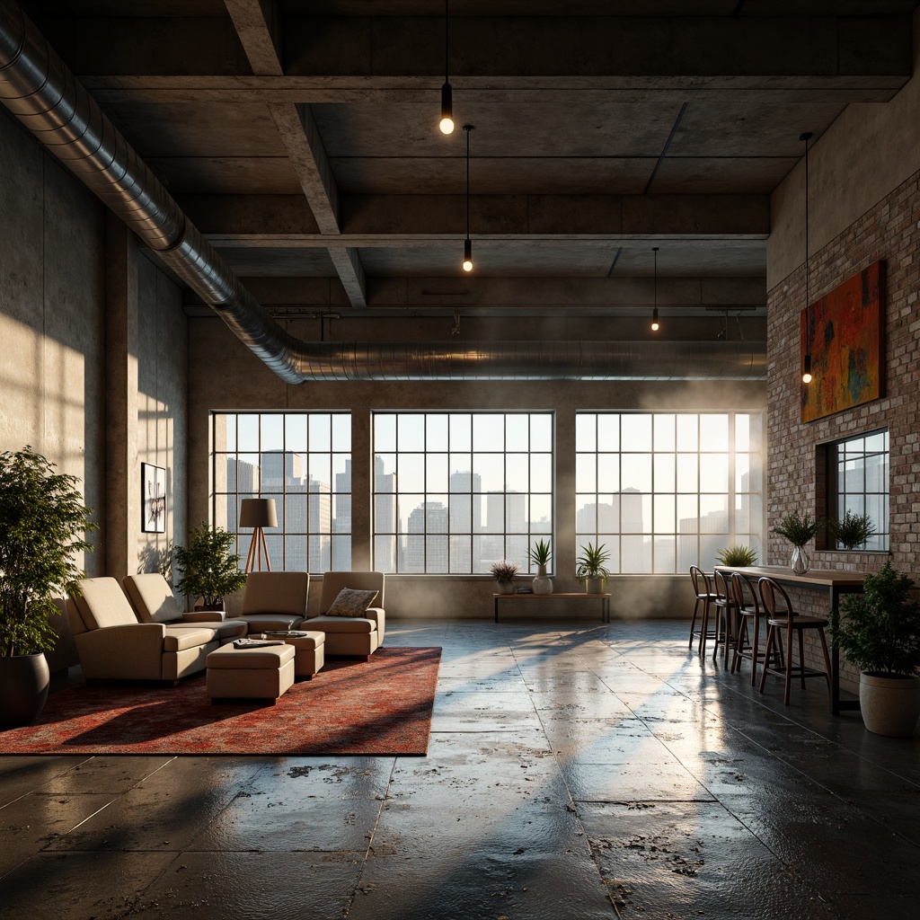 Prompt: Industrial loft space, exposed beams, raw concrete walls, metal ductwork, reclaimed wood accents, urban cityscape views, large windows, minimal decor, industrial lighting fixtures, rough-textured brick floors, steel columns, open floor plan, high ceilings, natural light pouring in, soft warm ambiance, atmospheric mist, cinematic composition, dramatic shadows, brutalist architectural style, edgy modern vibe.