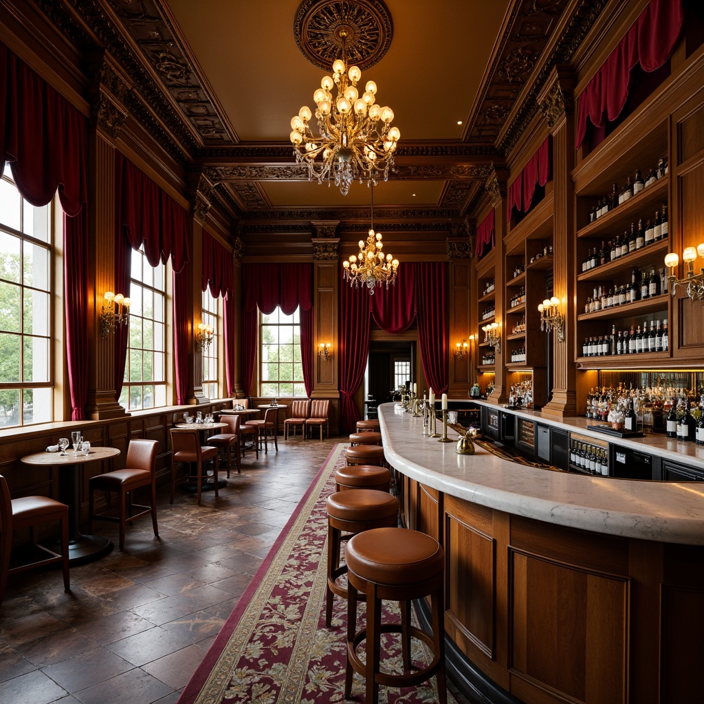 Prompt: Luxurious mahogany bar, ornate carvings, rich velvet drapes, crystal chandeliers, antique brass fixtures, marble countertops, classic columns, wooden wine racks, leather-bound stools, vintage spirits displays, warm golden lighting, soft focus, shallow depth of field, 2/3 composition, realistic textures, ambient occlusion.