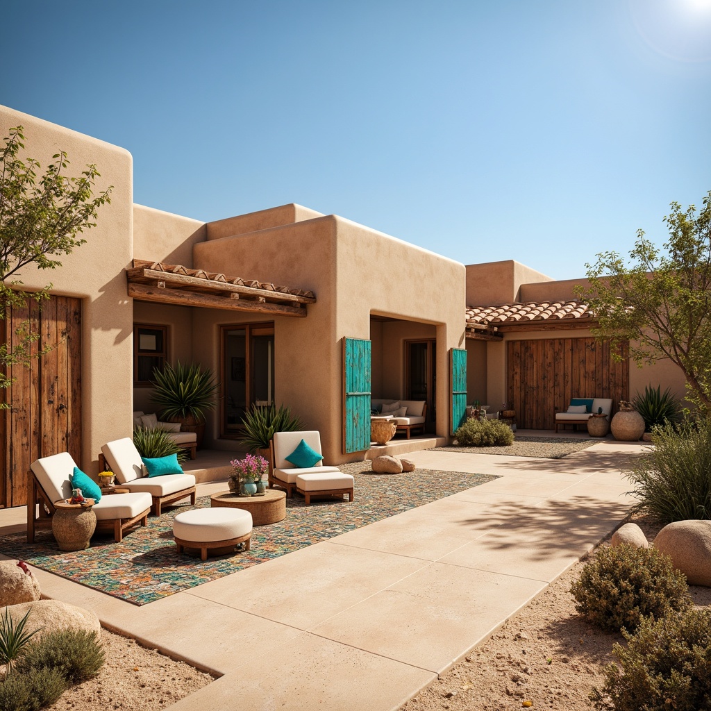 Prompt: Southwestern villa, earthy tone palette, warm beige stucco, terracotta roof tiles, rustic wooden doors, distressed metal accents, vibrant turquoise decorative elements, sandy dune surroundings, cactus plants, hot sunny day, clear blue sky, vast open space, organic natural textures, adobe-inspired architecture, curved lines, ornate tile work, colorful woven textiles, lush greenery, outdoor seating areas, soft warm lighting, shallow depth of field, 3/4 composition, panoramic view, realistic rendering.