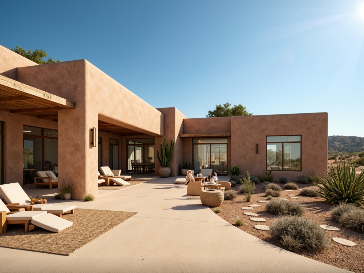 Prompt: Southwestern villa, earthy adobe walls, rustic wooden accents, curved lines, sprawling open spaces, floor-to-ceiling windows, sliding glass doors, clerestory windows, skylights, solar tubes, bright interior colors, minimalist decor, woven textiles, natural fiber rugs, desert landscape, cacti plants, sandy dunes, hot sunny day, clear blue sky, panoramic views, shallow depth of field, 3/4 composition, warm soft lighting, realistic textures, ambient occlusion.