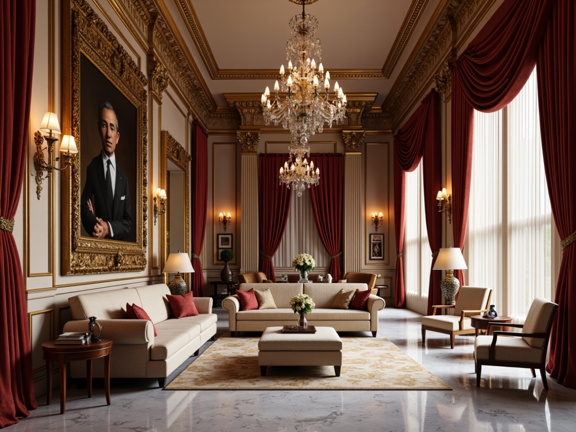 Prompt: \Elegant neoclassical interior, rich velvet drapes, ornate gold frames, luxurious silk upholstery, intricate embroidery patterns, subtle damask textures, refined marble floors, stately columns, grand crystal chandeliers, soft warm lighting, shallow depth of field, 1/1 composition, realistic reflections, ambient occlusion, opulent furniture, lavish furnishings, sophisticated color palette.\