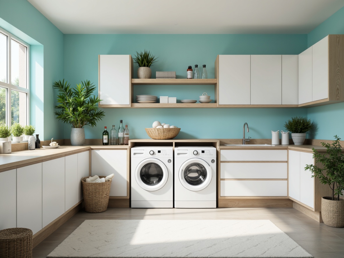 Prompt: Vibrant laundry room, soft pastel hues, calming blues, crisp whites, warm beiges, natural wood accents, modern appliances, sleek countertops, bright task lighting, airy feel, shallow depth of field, 1/1 composition, realistic textures, ambient occlusion.