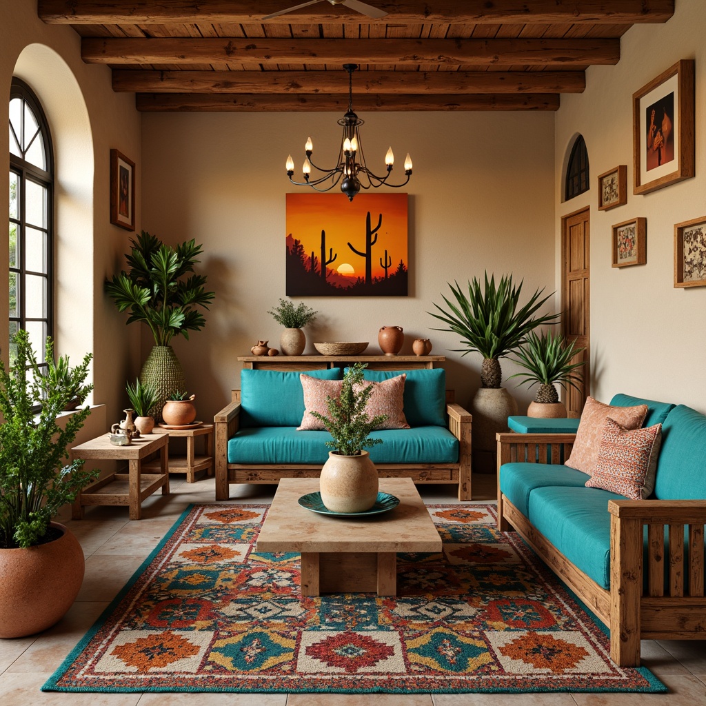 Prompt: Vibrant turquoise accents, rustic wooden furniture, woven Native American patterned rugs, earthy adobe-inspired architecture, colorful hand-painted tiles, geometric-shaped pottery, intricate Aztec-style carvings, bold cactus silhouettes, warm desert sunset colors, natural stone flooring, distressed leather upholstery, ornate metalwork, vintage turquoise jewelry displays, lush green succulent arrangements, sandy beige walls, southwestern-themed artwork, warm golden lighting, shallow depth of field, 1/1 composition, realistic textures.