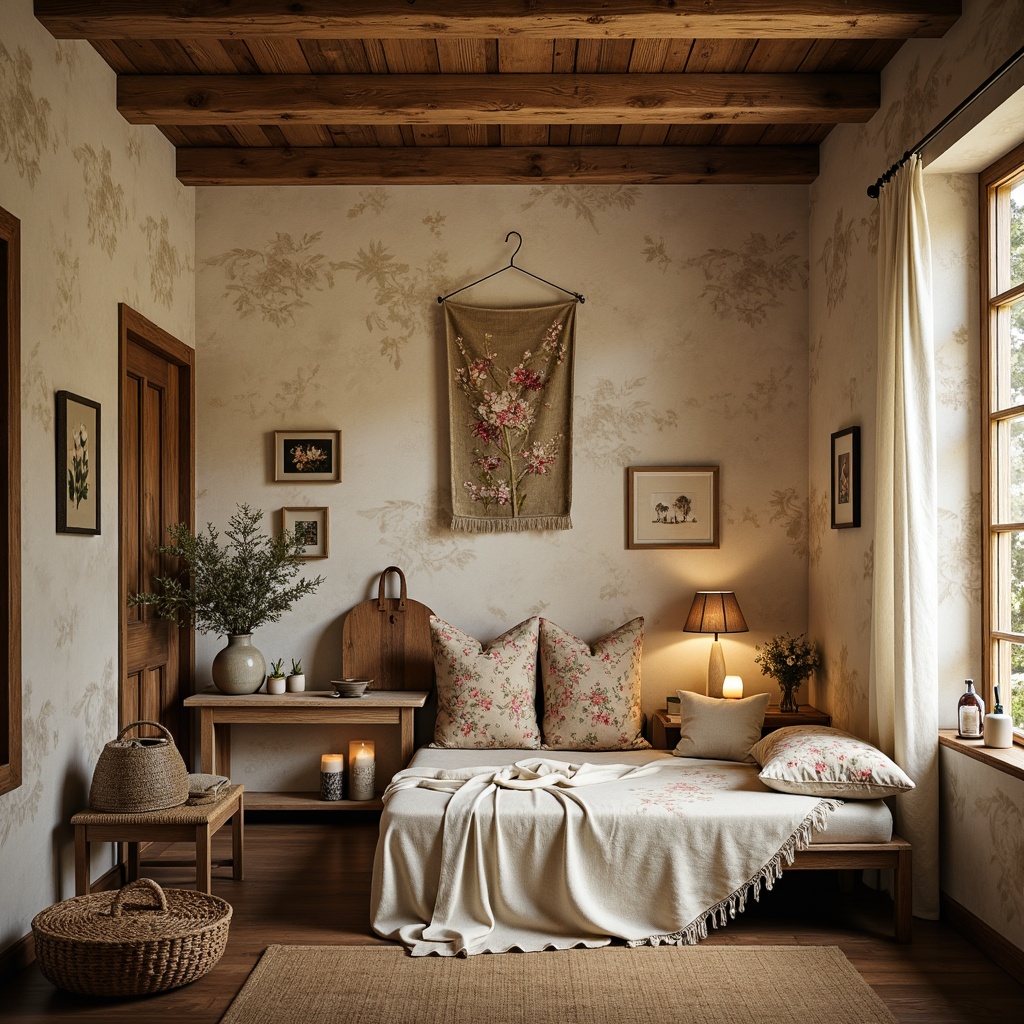 Prompt: Rustic farmhouse, vintage distressed wood, soft golden lighting, elegant floral patterns, linen fabrics, natural cotton textures, subtle lace trim, muted earthy tones, gentle cream hues, delicate stripes, ornate tapestries, luxurious velvet accents, refined silk materials, intricate embroidery details, warm beige backgrounds, romantic provincial atmosphere, classic European flair, whimsical countryside essence.