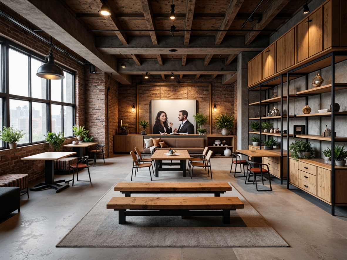 Prompt: Rustic metal frames, reclaimed wood accents, vintage machinery parts, distressed leather upholstery, exposed brick walls, concrete floors, industrial pendant lighting, minimalist decor, functional shelving units, raw steel tables, ergonomic chairs, urban loft atmosphere, warm natural lighting, shallow depth of field, 1/1 composition, realistic textures, ambient occlusion.