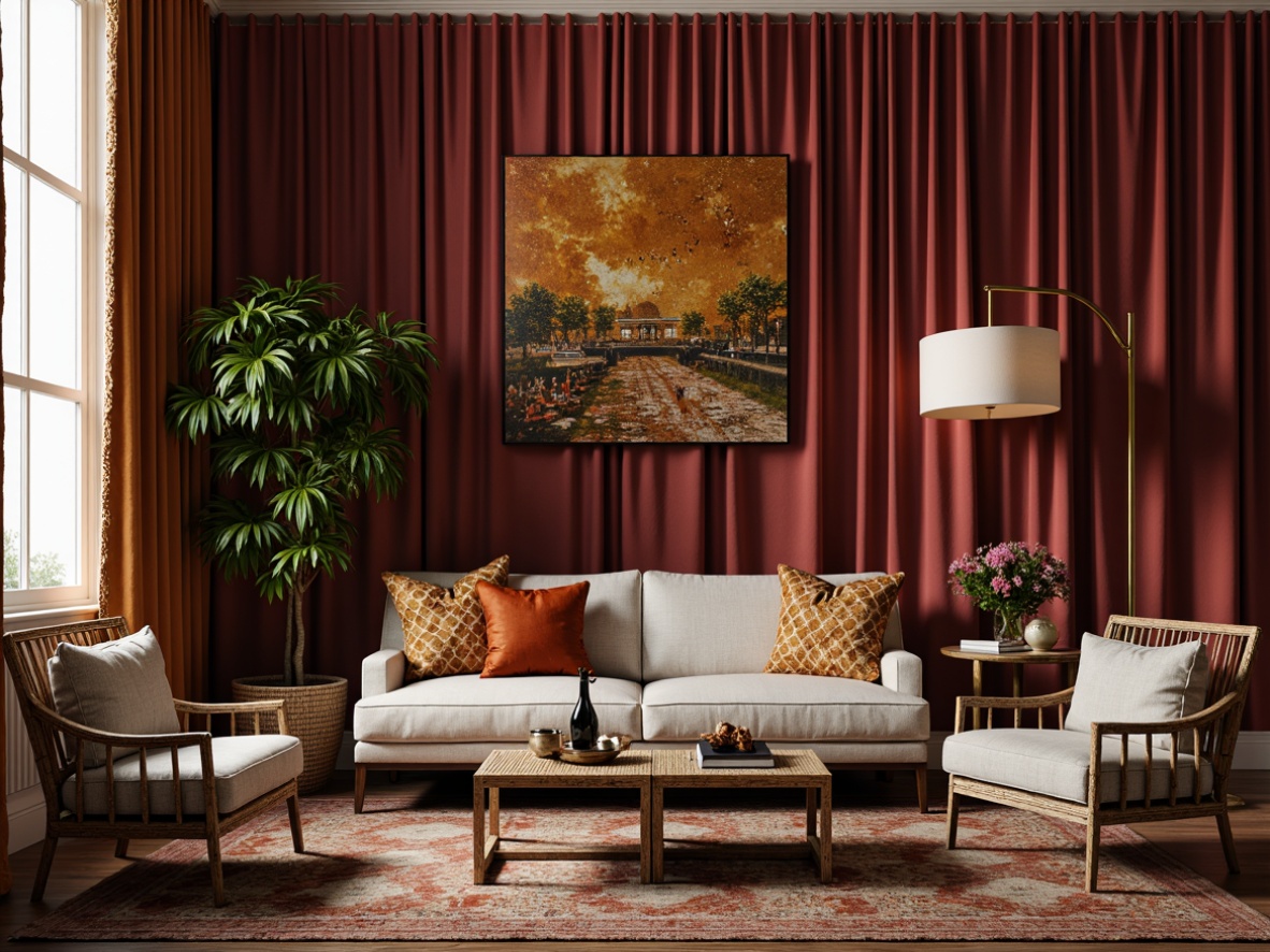 Prompt: Luxurious velvet fabrics, soft silk textures, natural linen weaves, bold graphic prints, rich jewel-toned colors, metallic accents, intricate embroidery patterns, subtle sheen effects, plush pile rugs, woven wicker furniture, ornate tassel trimmings, elegant drapery folds, sophisticated upholstery designs, warm ambient lighting, cozy intimate spaces, refined modern aesthetic.