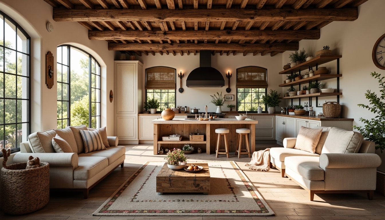 Prompt: Rustic farmhouse, eclectic style, vintage furniture, distressed wood accents, natural fabrics, woven textiles, linen upholstery, burlap drapes, floral patterns, striped rugs, soft pastel colors, warm earthy tones, candle lighting, wooden beams, exposed brick walls, country chic decor, antique accessories, cozy throw blankets, plush pillows, farmhouse sink, modern appliances, functional kitchen island, natural stone countertops, sunny afternoon, warm golden light, shallow depth of field, 3/4 composition, realistic textures.