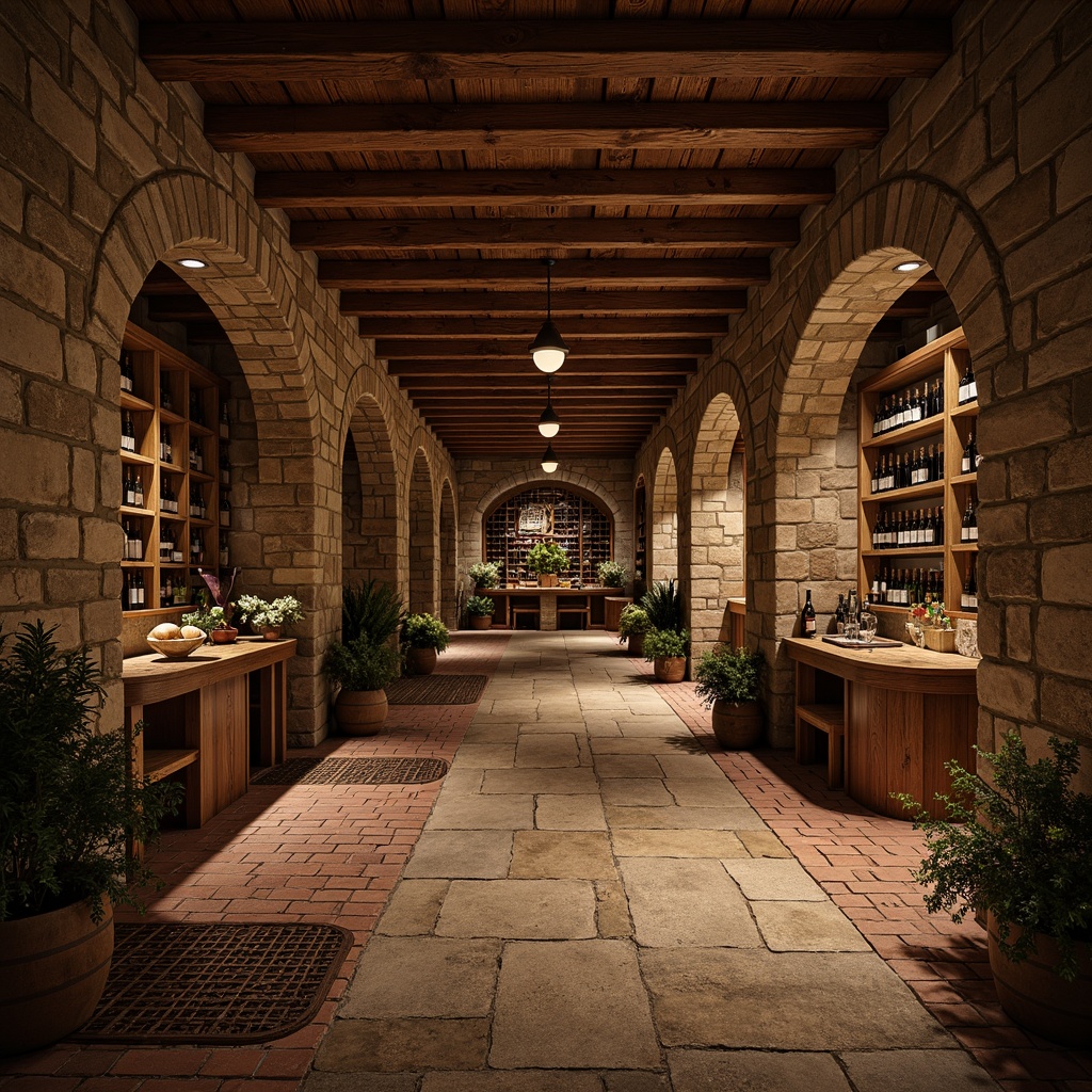 Prompt: Rustic wine cellar, distressed wooden planks, worn stone floors, vintage metal grates, earthy tone brick pavers, natural fiber rugs, reclaimed barn wood accents, dim warm lighting, rich wood tones, stone archways, aged wooden barrels, wine bottle displays, rustic metal decor, soft shadows, low-angle composition, cozy atmosphere, ambient occlusion.