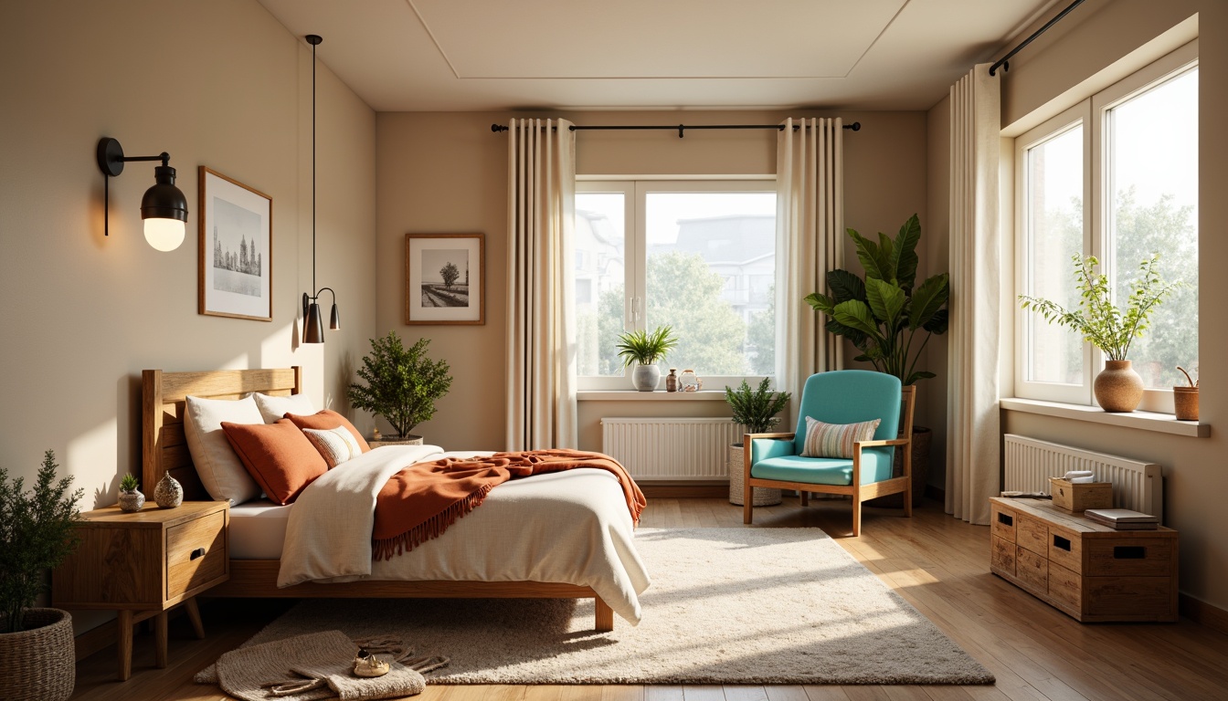 Prompt: Cozy dorm room, warm beige walls, soft pastel bedding, natural wood furniture, earthy terracotta accents, vibrant turquoise decorations, calming mint greenery, creamy white curtains, modern minimalist decor, industrial chic lighting fixtures, rustic wooden crates, plush area rugs, serene ambient atmosphere, softbox lighting, 1/1 composition, intimate close-up shots, realistic textures.