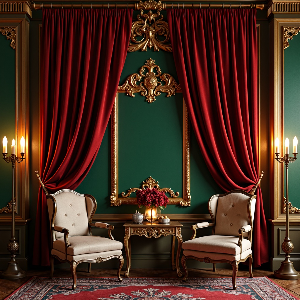 Prompt: Rich velvet drapes, ornate golden frames, lavish crimson reds, opulent emerald greens, luxurious creamy whites, intricate wooden carvings, vintage bronze hardware, distressed leather armchairs, warm candlelight, soft warm shadows, 1/1 composition, intimate close-up shots, realistic textures, ambient occlusion.