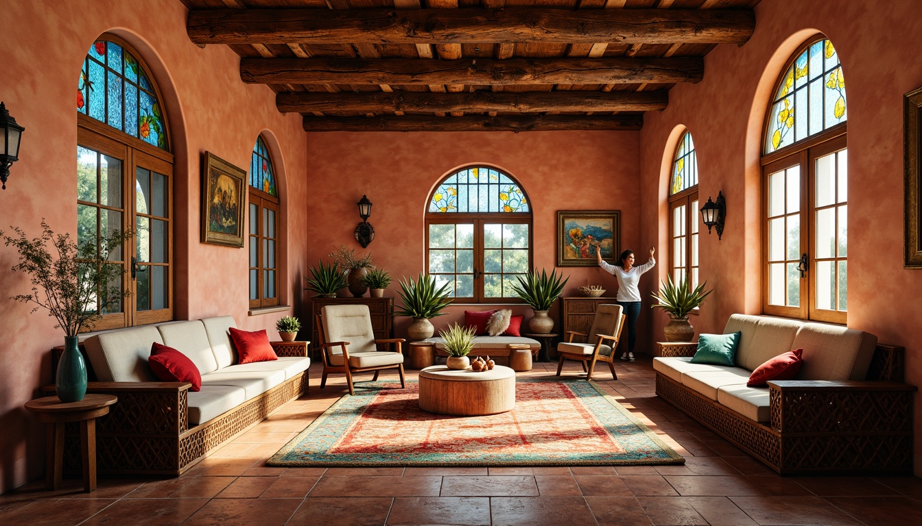 Prompt: Vibrant stained glass windows, warm Southwestern villa interior, earthy tone walls, rustic wooden beams, colorful ceramic tiles, ornate metalwork, plush area rugs, vibrant turquoise accents, desert botanical patterns, soft warm lighting, shallow depth of field, 1/1 composition, realistic textures, ambient occlusion.