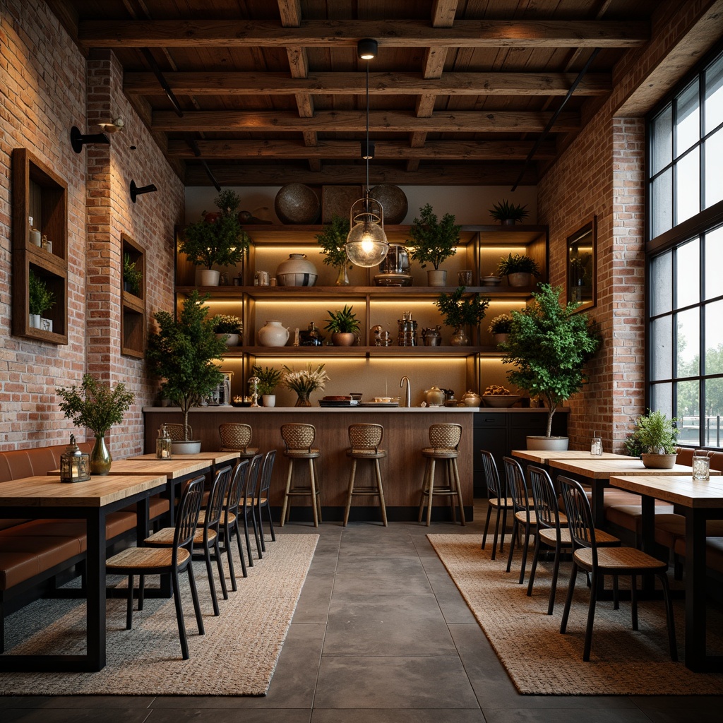 Prompt: Rustic wooden tables, vintage metal chairs, distressed leather sofas, woven wicker baskets, natural fiber rugs, earthy tone ceramics, reclaimed wood shelves, industrial metal lighting, potted greenery, farmhouse sinks, brick walls, wooden beam ceilings, soft warm candlelight, shallow depth of field, 1/2 composition, cozy intimate atmosphere, realistic textures, ambient occlusion.