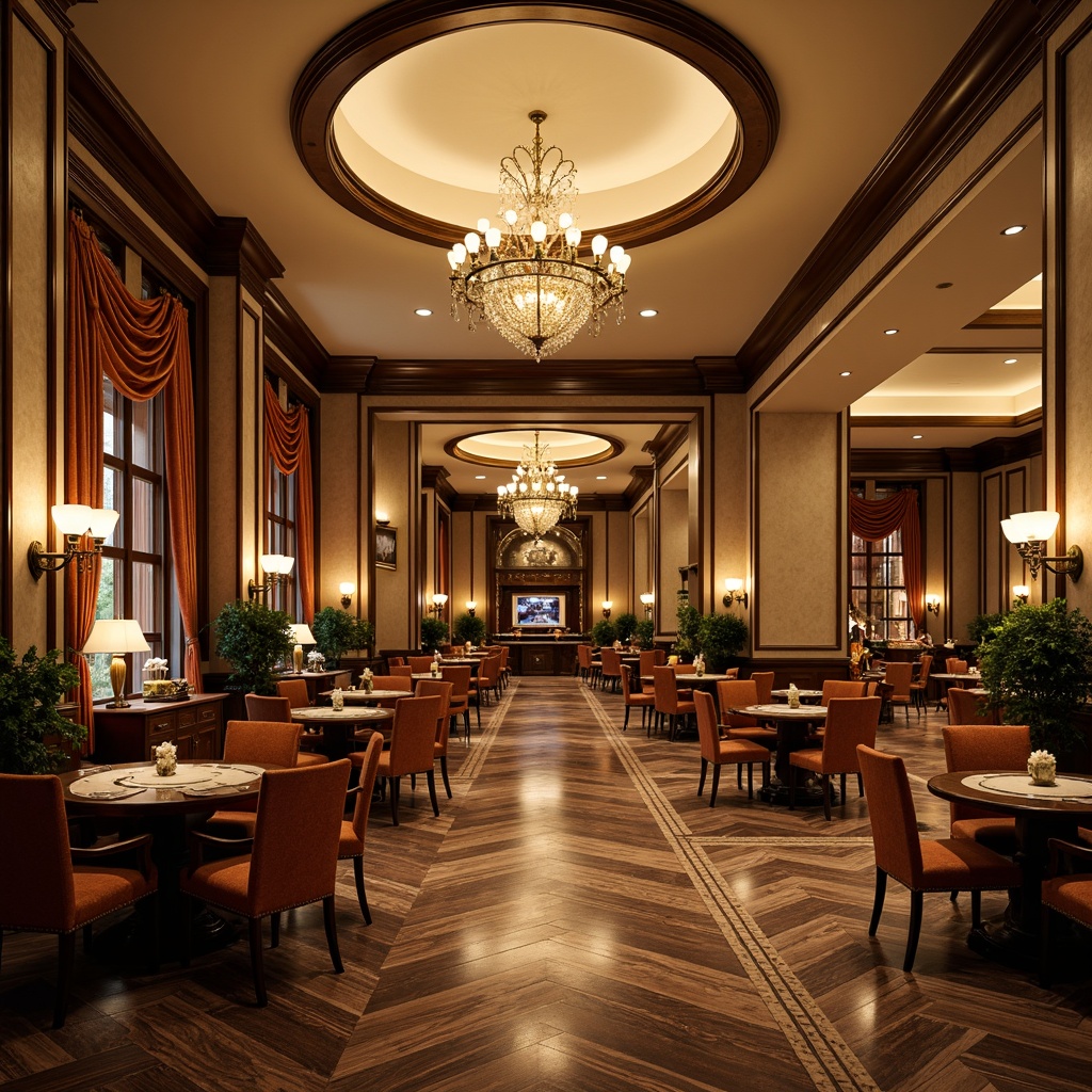 Prompt: Luxurious casino interior, French country style, elegant chandeliers, ornate furnishings, rich wood accents, velvety soft carpeting, dark hardwood flooring, intricate parquet patterns, marble inlays, rustic stone tiles, warm beige color scheme, soft golden lighting, ambient atmospheric sound effects, cinematic camera angles, shallow depth of field, 2/3 composition, realistic textures, detailed normal maps.