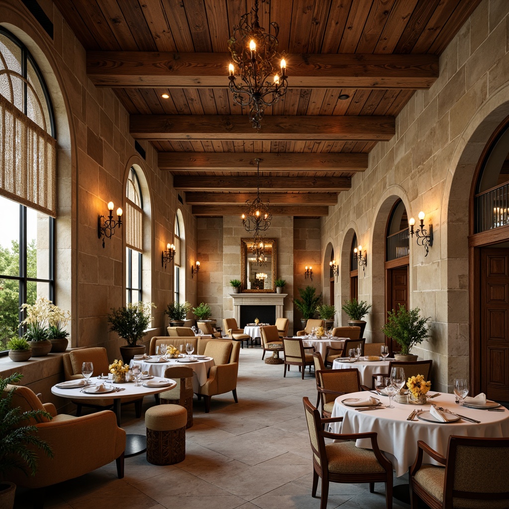 Prompt: Rustic wooden beams, distressed stone walls, ornate metalwork, lavish chandeliers, warm golden lighting, soft candlelight, intricate ironwork, elegant sconces, luxurious fabrics, rich wood tones, vintage decor, classic casino atmosphere, opulent furnishings, grand high ceilings, dramatic archways, French Country-inspired accents, sophisticated ambiance, warm beige colors, creamy whites, subtle texture contrasts, atmospheric shadows, 1/1 composition, soft focus, realistic rendering.