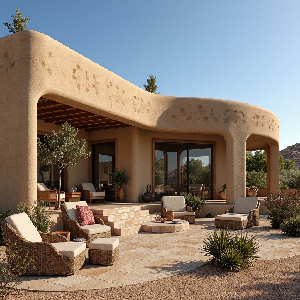 Prompt: Villa southwestern design, curvaceous adobe walls, earthy tone stucco, wooden beam ceilings, large windows, sliding glass doors, clerestory windows, solar tubes, skylights, natural stone flooring, woven textiles, rattan furniture, desert landscaping, cactus plants, succulent gardens, sandy dunes, clear blue sky, warm sunny day, soft warm lighting, shallow depth of field, 3/4 composition, panoramic view, realistic textures, ambient occlusion.