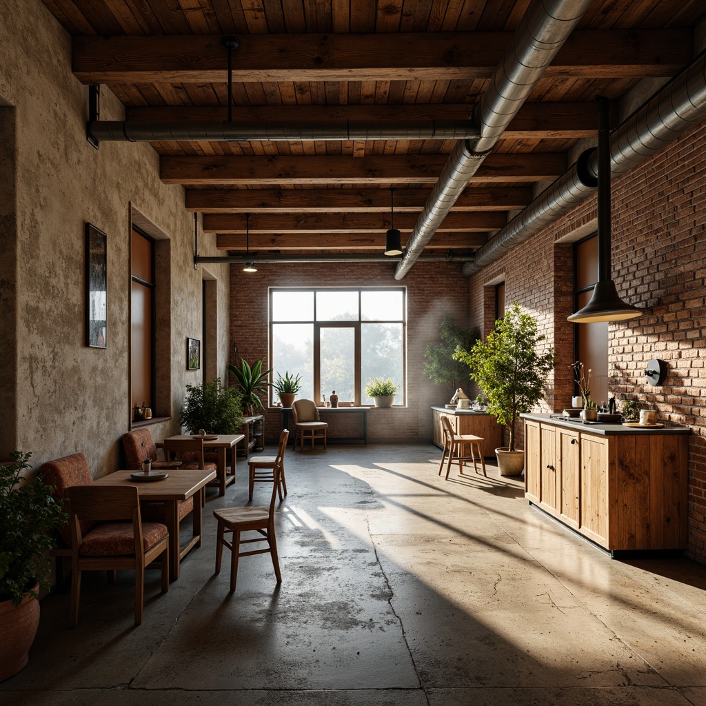 Prompt: Rustic wooden beams, distressed brick walls, exposed ductwork, industrial metal pipes, reclaimed wood flooring, natural stone surfaces, rough-hewn concrete textures, earthy color palette, warm ambient lighting, shallow depth of field, 2/3 composition, realistic weathering effects, atmospheric mist, soft focus, cinematic camera angles.