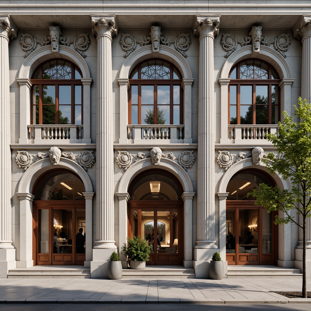 Prompt: Elegant bank facade, ornate stone carvings, grand entranceways, large arched windows, stained glass details, classical columns, symmetrical composition, neutral color palette, luxurious interior decor, polished marble floors, rich wood accents, sophisticated lighting fixtures, subtle textures, shallow depth of field, 2/3 composition, realistic reflections, ambient occlusion.