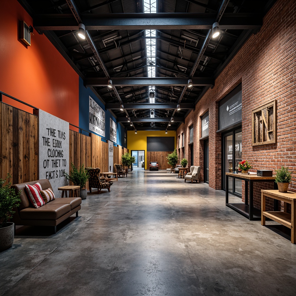 Prompt: Vibrant industrial warehouse, exposed brick walls, polished concrete floors, metallic beams, overhead cranes, colorful accent walls, bold typography, modern lighting fixtures, reclaimed wood accents, distressed metal decor, urban graffiti, edgy architectural lines, moody atmospheric lighting, 1/1 composition, shallow depth of field, soft focus, realistic textures.