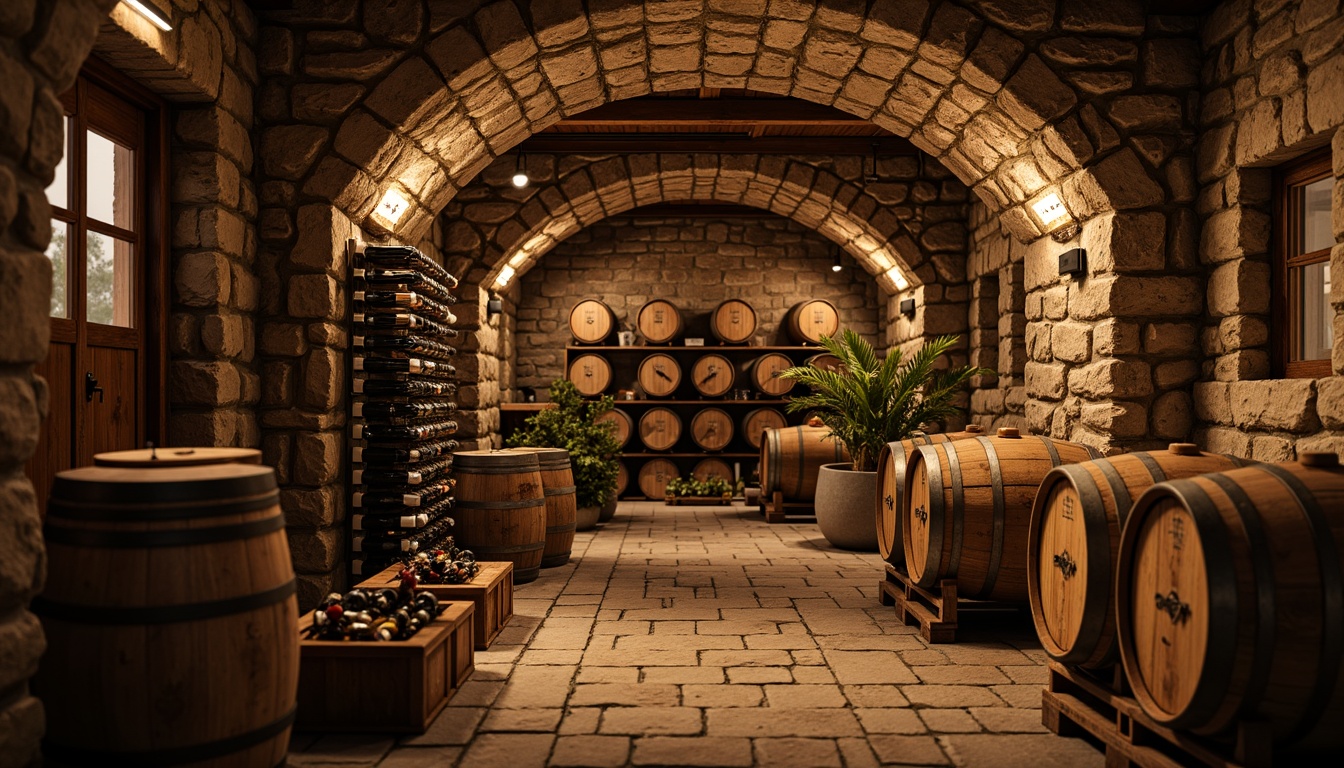 Prompt: Rustic wine cellar, stone walls, wooden barrel racks, dim warm lighting, earthy aroma, vintage wine bottles, wooden crates, rustic metal doors, distressed wood accents, natural stone flooring, arched windows, brick archways, cozy intimate atmosphere, soft golden lighting, shallow depth of field, 1/2 composition, realistic textures, ambient occlusion.