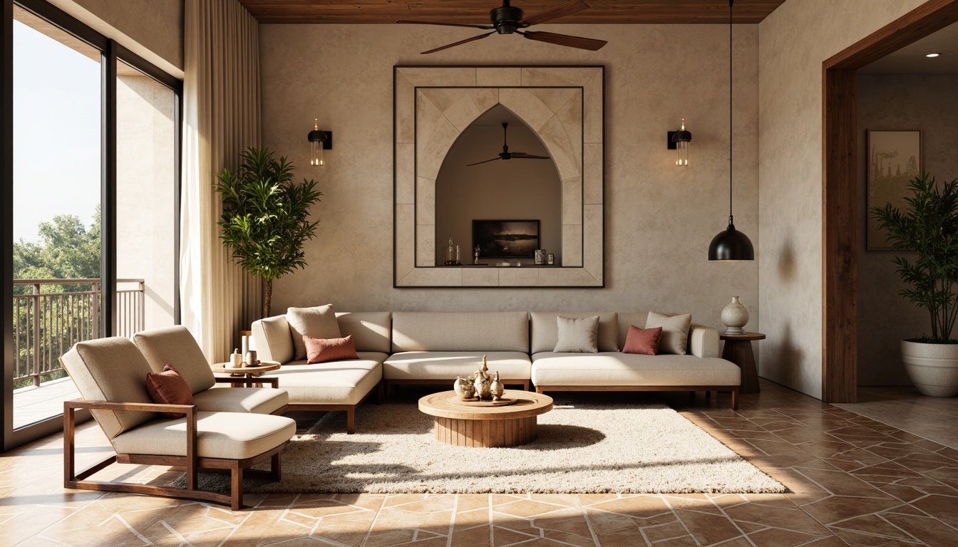 Prompt: Elegant living room, luxurious tile flooring, Moroccan-inspired geometric patterns, warm beige colors, soft natural light, plush area rugs, sleek modern furniture, metallic accents, textured walls, subtle color contrasts, cozy atmosphere, shallow depth of field, 1/1 composition, realistic reflections, ambient occlusion.